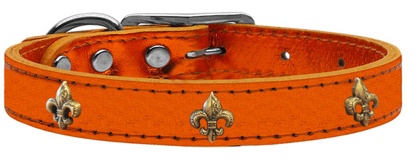 Bronze Fleur De Lis Widget Genuine Metallic Leather Dog Collar Orange 22 83-81 OrM22 By Mirage
