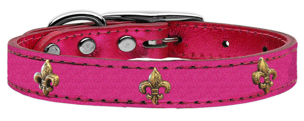 Bronze Fleur De Lis Widget Genuine Metallic Leather Dog Collar Pink 14 83-81 PkM14 By Mirage