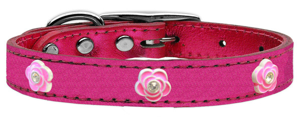 Bright Pink Rose Widget Genuine Metallic Leather Dog Collar Pink 22 83-84 PkM22 By Mirage