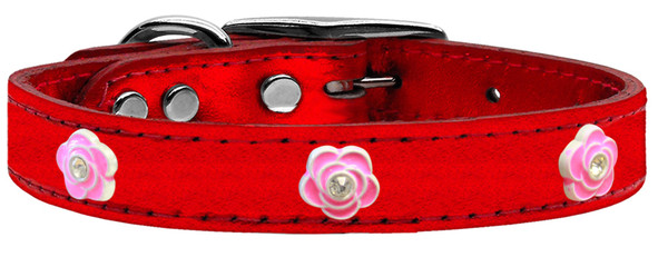 Bright Pink Rose Widget Genuine Metallic Leather Dog Collar Red 24 83-84 RdM24 By Mirage