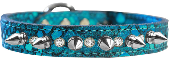 Silver Spike And Clear Crystal Dragon Skin Genuine Leather Dog Collar Blue Size 10 83-90 BL10 By Mirage