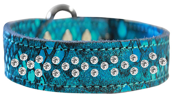 Sprinkle Clear Crystal Jeweled Dragon Skin Genuine Leather Dog Collar Blue Size 16 83-92 BL16 By Mirage