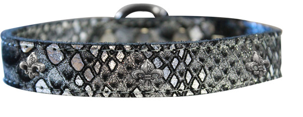 Silver Fleur De Lis Widget Dragon Skin Genuine Leather Dog Collar Silver Size 26 83-97 SV26 By Mirage