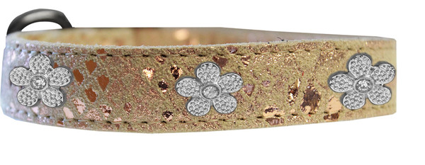 Silver Flower Widget Dragon Skin Genuine Leather Dog Collar Golden Size 14 83-99 GD14 By Mirage