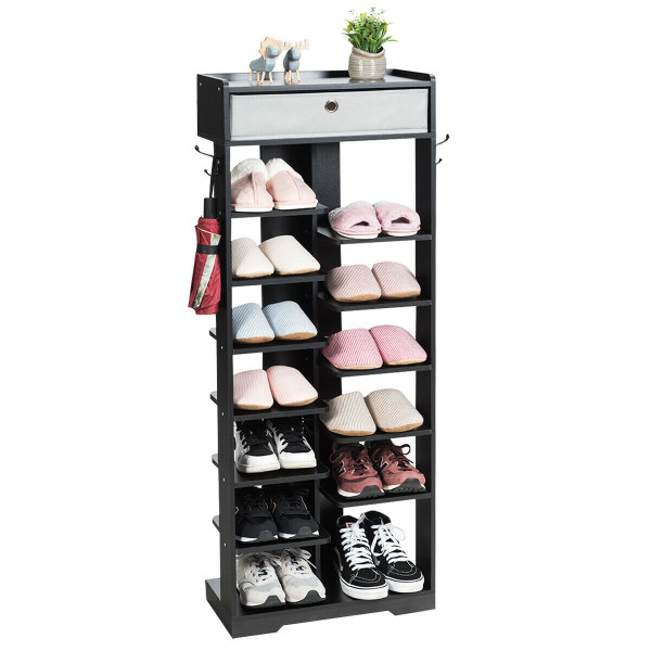 Wooden Free Standing Shoe Storage Shelf With Fabric Drawer-Black HW63953BK