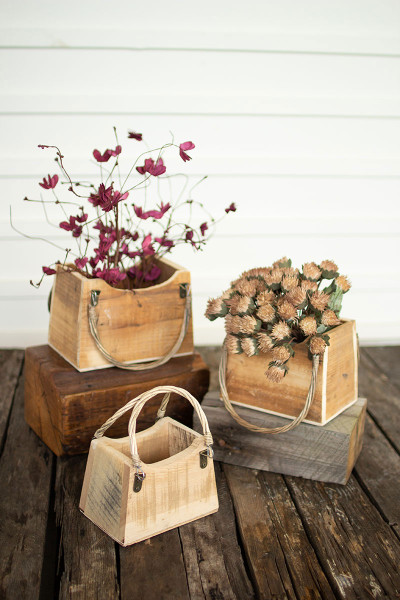 Set Of Three Rustic Recycled Wood Hand Bag Planters CCHA1017 By Kalalou