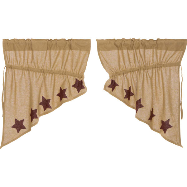 VHC Burlap W/Burgundy Stencil Stars Prairie Swag Set Of 2 36X36X18 25916