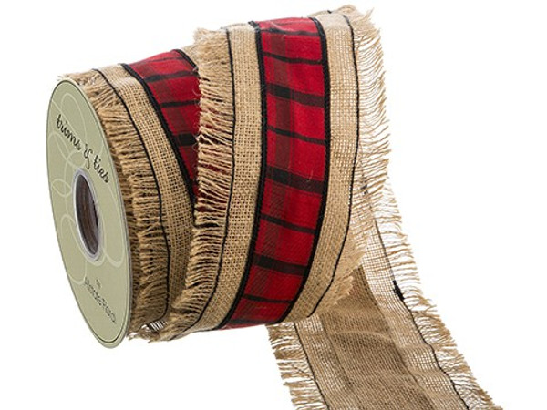 4"W X 10Yd Jute/Dupion Plaid Ribbon Natural Red (Pack Of 6) RW5456-NA/RE By Silk Flower