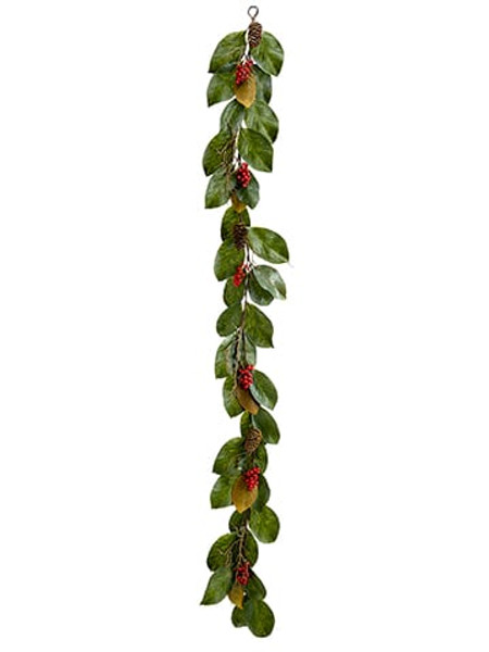 6' Outdoor Magnolia Leaf /Plastic Berry/Pine Cone Garland Green Red (Pack Of 4) XBG282-GR/RE By Silk Flower