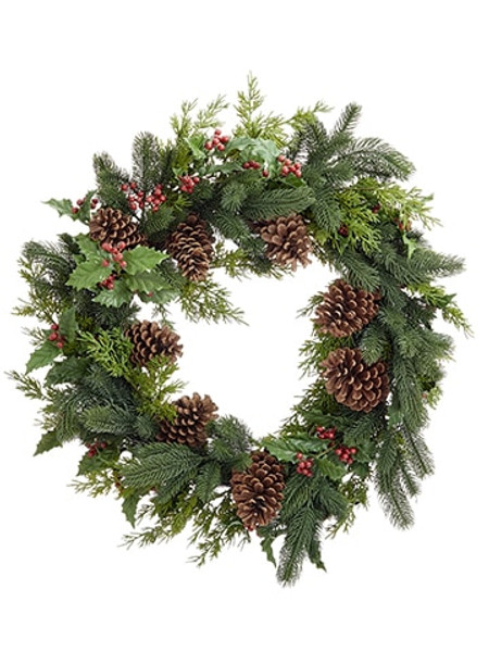 28" Holly/Berry/Pine/Cone Wreath Green Red (Pack Of 2) XDW028-GR/RE By Silk Flower