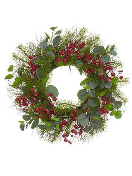 22" Berry/Eucalyptus/Pine Wreath Red Green XDW127-RE/GR By Silk Flower