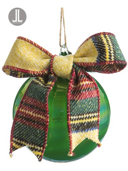 4" Glass Ball Ornament With Plaid Bow Green XGN113-GR By Silk Flower