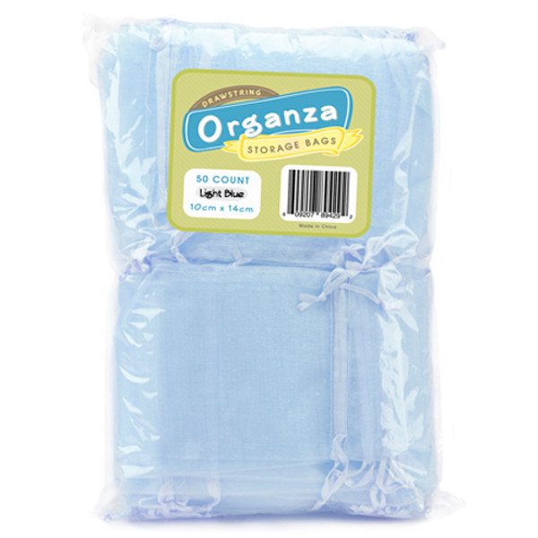 Brybelly MORG-005 Lot Of 50 Light Blue Drawstring Organza Storage Bags