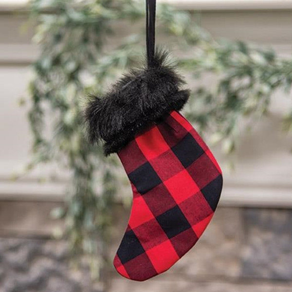 *Red Buffalo Check And Faux Fur Stocking Ornament G14462 By CWI Gifts