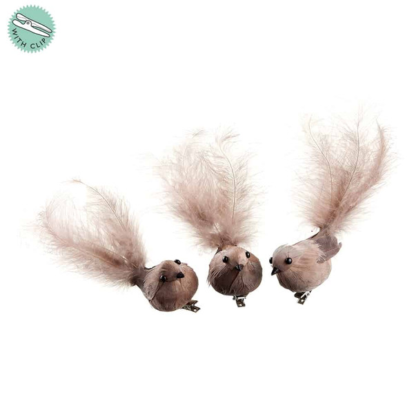 1.7"H X 6"L Feather Bird With Clip (3 Ea/Set) Brown Gray 8 Pieces BBC017-BR/GY By Silk Flower