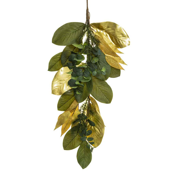 33" Magnolia Leaf/Eucalyptus /Pine Door Swag Green Gold (Pack Of 4) XDA190-GR/GO By Silk Flower