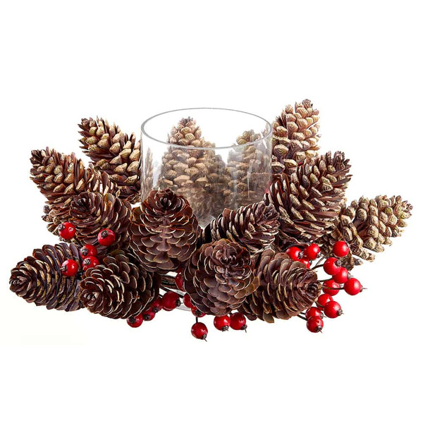 6"H X 14"D Plastic Pine Cone/Berry Centerpiece With Glass Candleholder X1 Brown Re (Pack Of 2) XDE087-BR/RE By Silk Flower