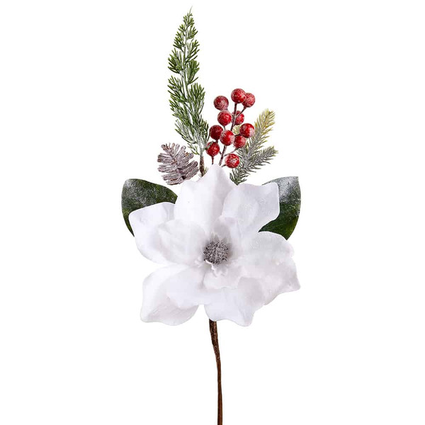 20" Snowed Magnolia/Berry /Pine Pick White (Pack Of 12) XDS902-WH By Silk Flower