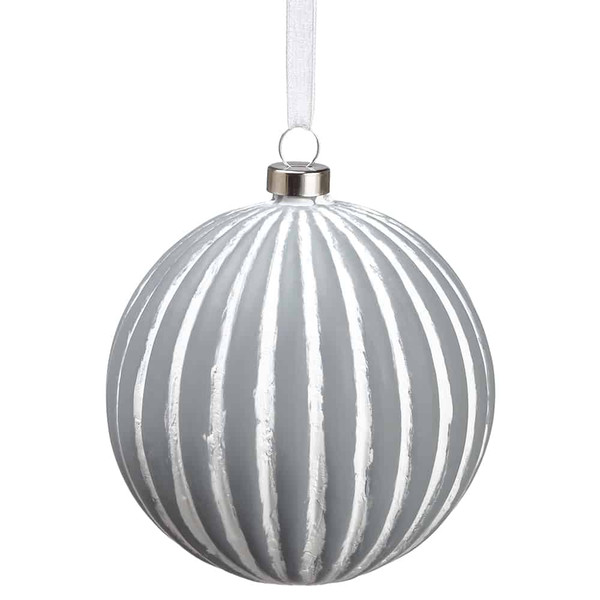 4" Stripe Glass Ball Ornament Gray White (Pack Of 4) XGN195-GY/WH By Silk Flower