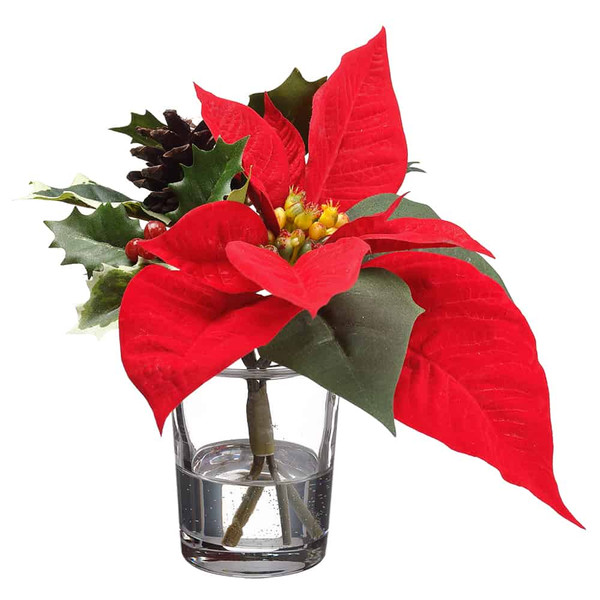 5.5" Velvet Poinsettia/Holly/ Pine Cone In Glass Vase Red Green (Pack Of 6) XLF009-RE/GR By Silk Flower