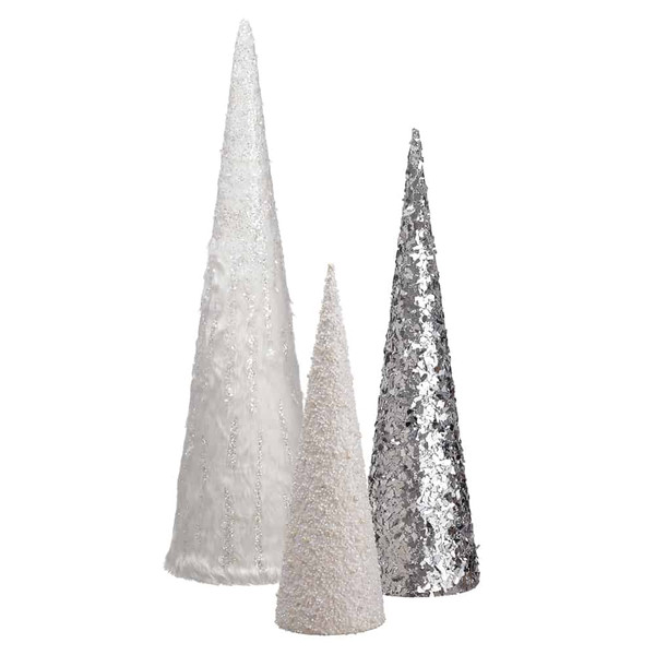 18"-30" Sequin/Fur Cone Topiary (3 Ea/Set) White Silver (Pack Of 2) XAT676-WH/SI By Silk Flower