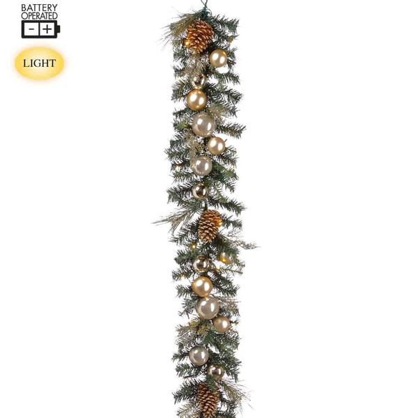 6' Battery Operated Ball/Pine Cone/Cedar Mixed Garland With Light Gold Green (Pack Of 4) XDG215-GO/GR By Silk Flower