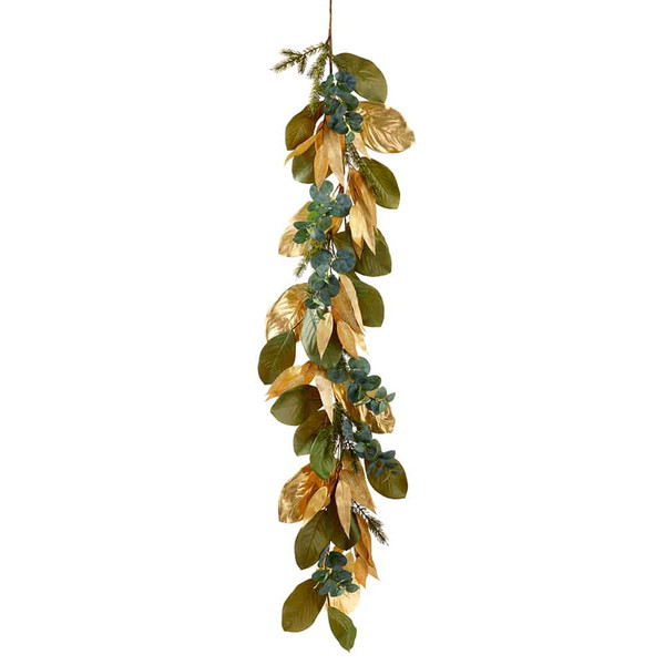 5' Magnolia Leaf/Eucalyptus /Pine Garland Green Gold (Pack Of 4) XDG642-GR/GO By Silk Flower