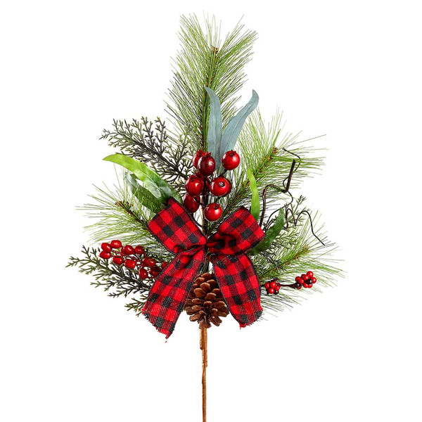 24" Berry/Pine Cone Spray With Plaid Bow Red Green (Pack Of 12) XDS039-RE/GR By Silk Flower