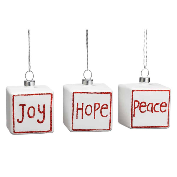 1.75" Glittered Joy/Hope /Peace Glass Ornament (3 Ea/Set) White Red (Pack Of 4) XGN152-WH/RE By Silk Flower