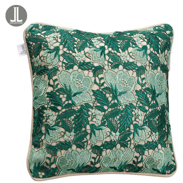 16"W X 16"L Lace Linen Pillow Green Beige (Pack Of 2) XKZ640-GR/BE By Silk Flower