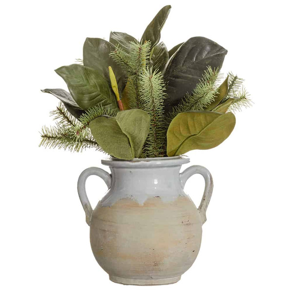 15" Magnolia Leaf/Pine In Terra Cotta Urn Green (Pack Of 2) XLF710-GR By Silk Flower