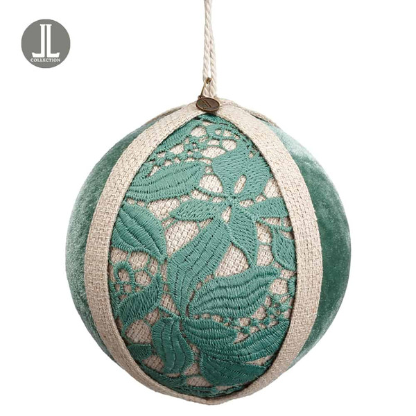 4.75" Velvet/Lace Ball Ornament Green Beige (Pack Of 12) XN8135-GR/BE By Silk Flower