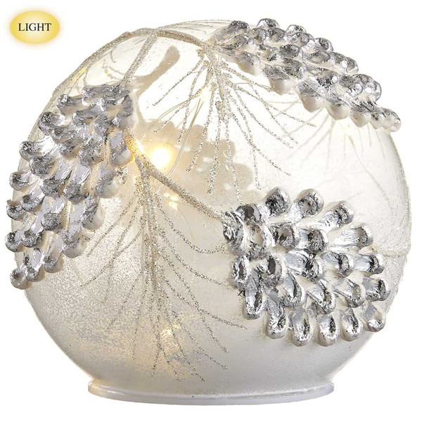 5" Battery Operated Glittered Pine Cone Glass Table Top With Light Silver White (Pack Of 6) XA5005-SI/WH By Silk Flower