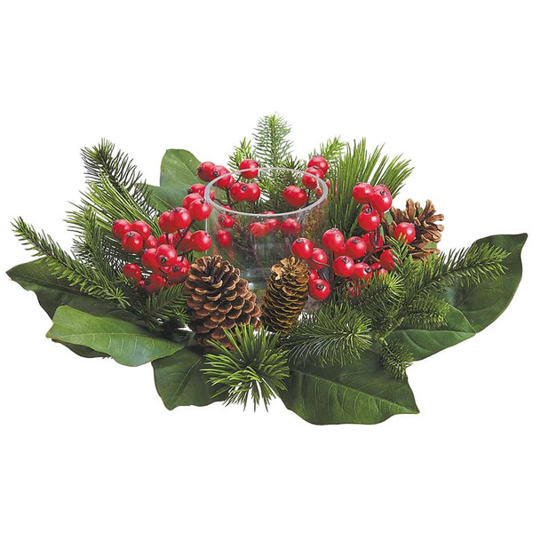 6"H X 18"D Berry/Pine Cone/Pine Centerpiece With 3" Glass Candleholder Red Green (Pack Of 4) XDC454-RE/GR By Silk Flower