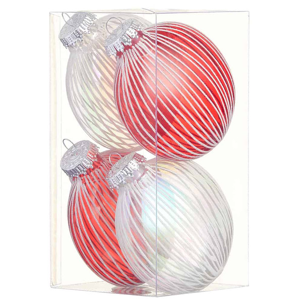 4" Glittered Stripe Disc Ornament (4Ea/Acetate Box) Red White (Pack Of 12) XN9101-RE/WH By Silk Flower