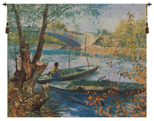 Angler And Boat At Pont De Clichy Belgian Tapestry Wall Art WW-7352-10099