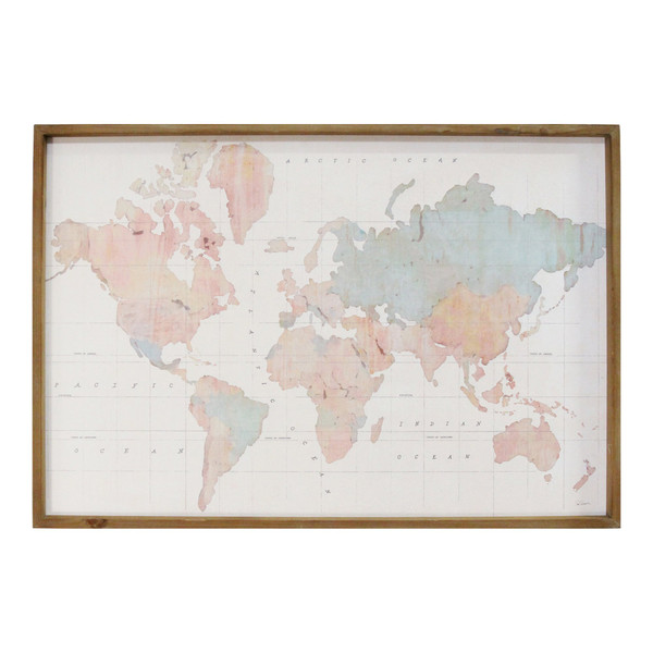 Homeroots Watercolor World Map Wood Framed Wall Art 373216