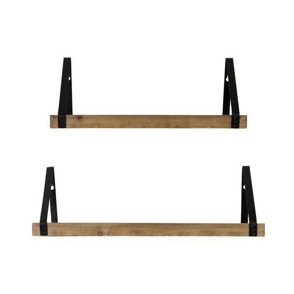 Homeroots S/2 Wood Whitewash Shelves W/ Metal Triangle Brackets 373238