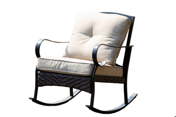 Homeroots 25" X 33" X 34" Black Steel Patio Rocking Chair With Beige Cushions 374051