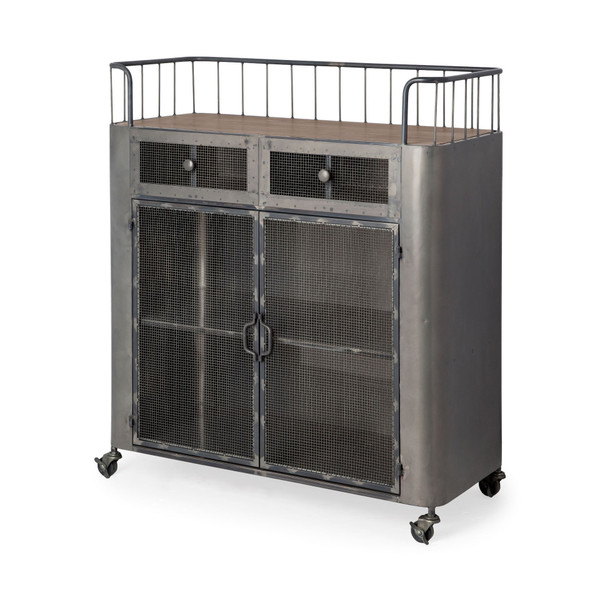 Homeroots Rectangular Rustic Metal With Metal Door/Wood Top And Two Shelves Bar Cart 376011