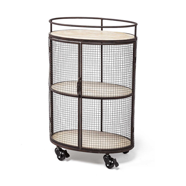 Homeroots Cyclider Matte Black Metal With Three Eliptical Wood Shelves And Metal Doors Bar Cart 376012