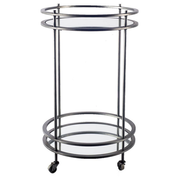 Homeroots 18" Pewter Metal With Two Mirror Glass Botton Shelves Bar Cart 376016