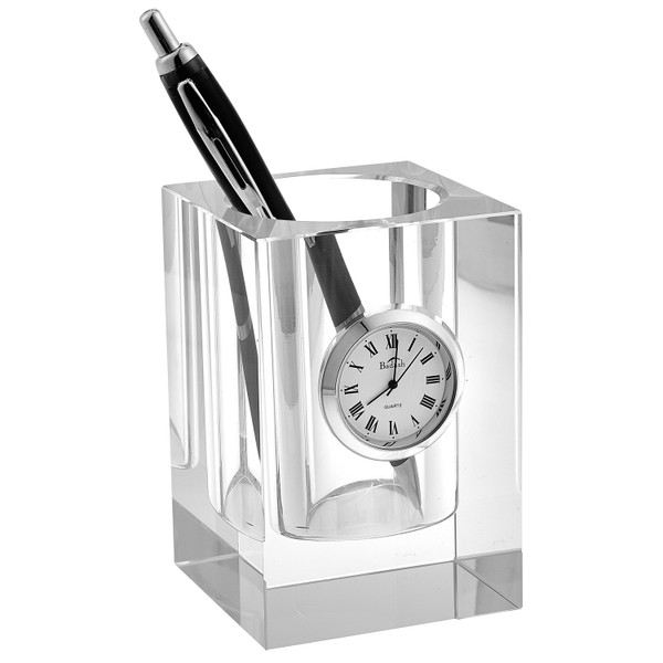 Homeroots 4" Hand Crafted Crystal Pen Or Pencil Holder With Clock 376169