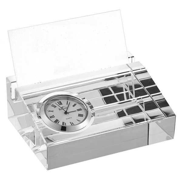 Homeroots 4" Clear Crystal Business Card Holder With Inlaid Clock 376171