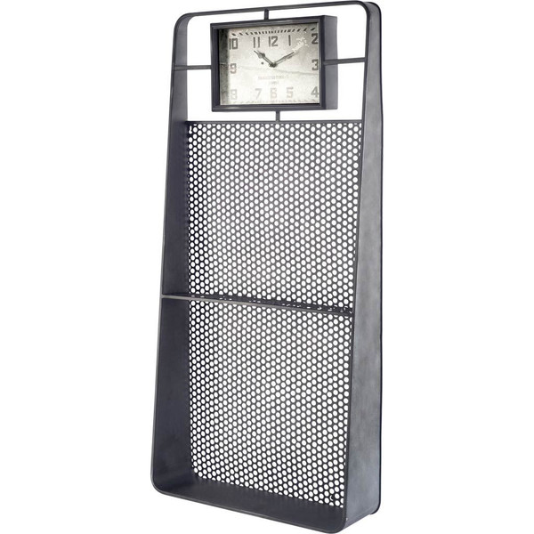 Homeroots Rectangular Gray Industrial Stylemetal Wall Clock W/ Two Shelfs 376216