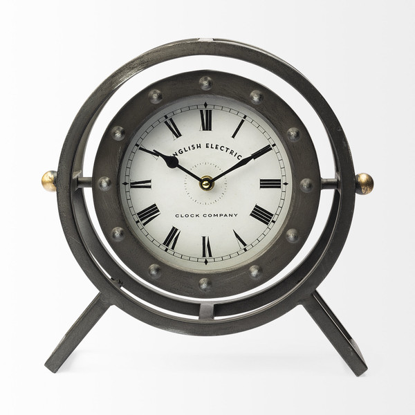 Homeroots Gray Metal Circular Desk / Table Clock W/ Rivet Detail Frame 376225