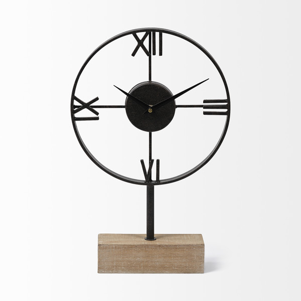 Homeroots Black Metal/Wood Desk / Table Clock W/ Open Metal Frame 376228