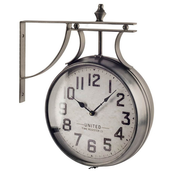 Homeroots 19" Large Round Industrial Stylewall Clock W Two Clock Faces Silver Frame 376231