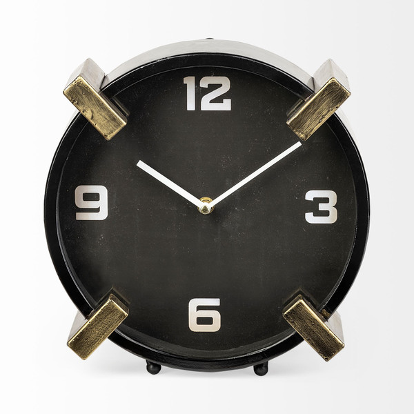 Homeroots Black/Gold Metal Round Desk/Table Clock 376242
