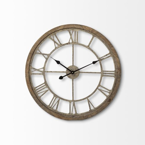 Homeroots 25" Round Large Brownfarmhouse Style Wall Clock 376253